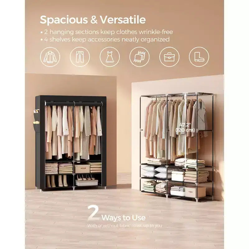 Armoire-penderie portable avec étagère à chaussures et housse, organiseur de rangement de placard, étagères et 4 poches latérales, 50 x 17.7 x 69.3 pouces
