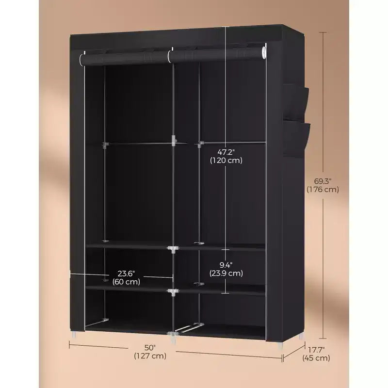 Armoire-penderie portable avec étagère à chaussures et housse, organiseur de rangement de placard, étagères et 4 poches latérales, 50 x 17.7 x 69.3 pouces