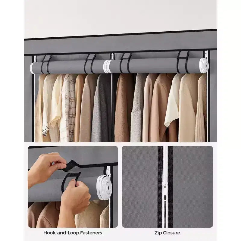 Armoire-penderie portable avec étagère à chaussures et housse, organiseur de rangement de placard, étagères et 4 poches latérales, 50 x 17.7 x 69.3 pouces
