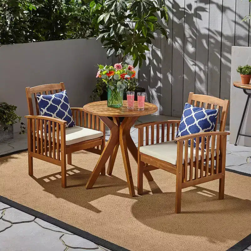 Christopher Knight Home Genois Outdoor Acacia Wood 3 Piece Bistro Set with Water Resistant Cushion