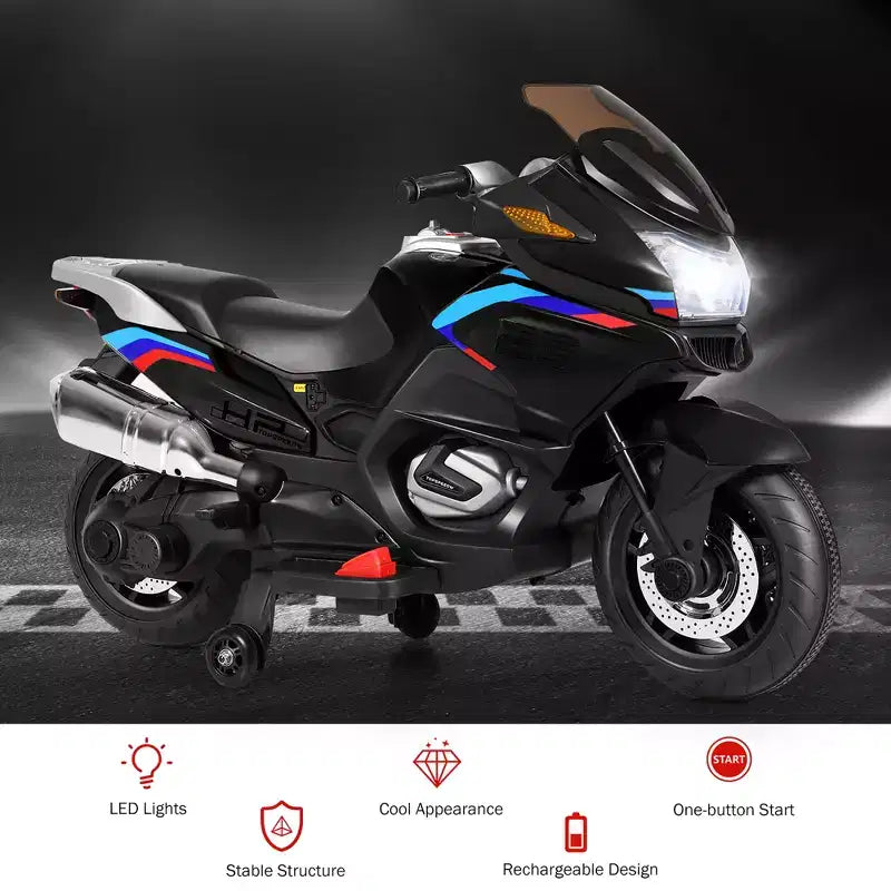 Costway Moto Électrique 12V pour Enfants avec Roues d'Apprentissage et Lumière, Noir