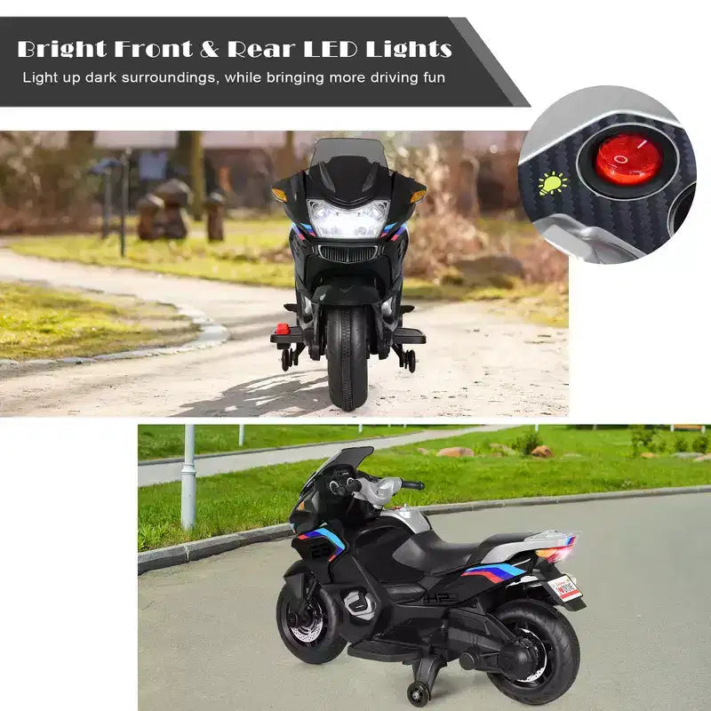 Costway Moto Électrique 12V pour Enfants avec Roues d'Apprentissage et Lumière, Noir