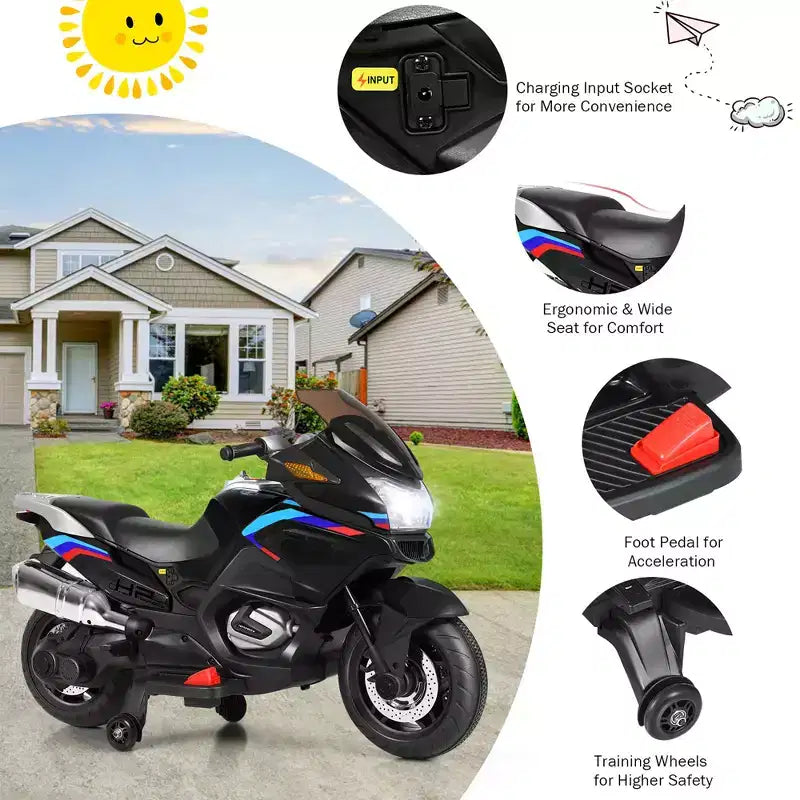 Costway Moto Électrique 12V pour Enfants avec Roues d'Apprentissage et Lumière, Noir
