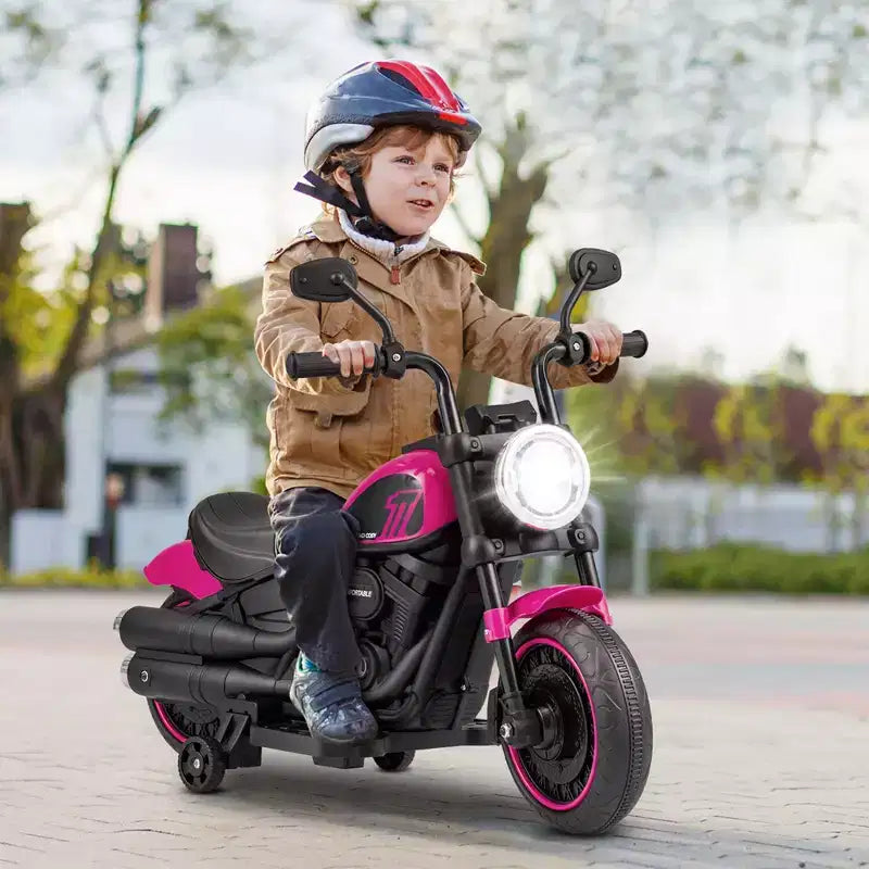Moto électrique 6V pour enfants Costway avec roulettes, phares LED et musique Bleu/Rose/Rouge