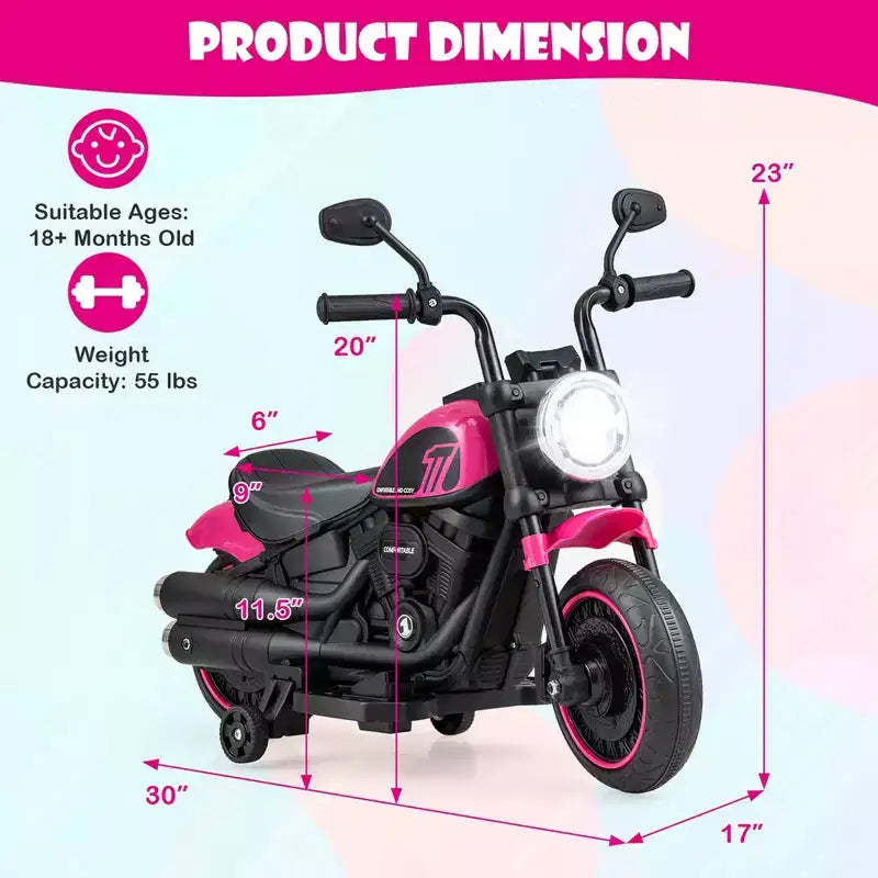Moto électrique 6V pour enfants Costway avec roulettes, phares LED et musique Bleu/Rose/Rouge