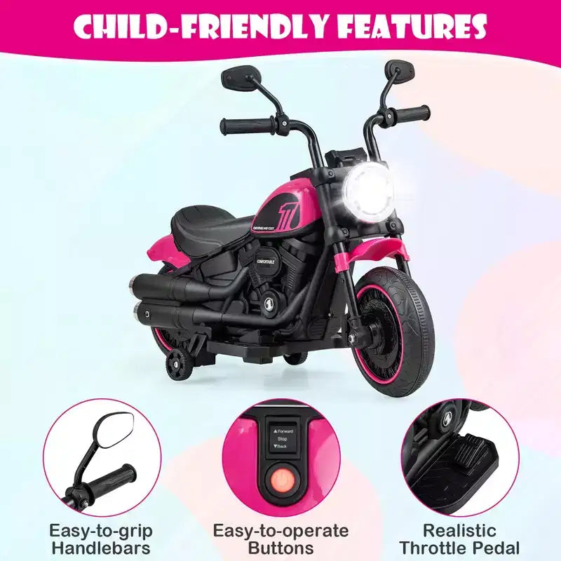 Costway Moto électrique 6V pour enfants avec roulettes d'apprentissage, phares LED, console musicale Bleu/Rose/Rouge