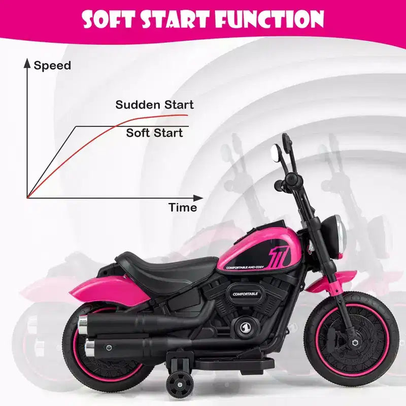 Moto électrique 6V pour enfants Costway avec roulettes, phares LED et musique Bleu/Rose/Rouge