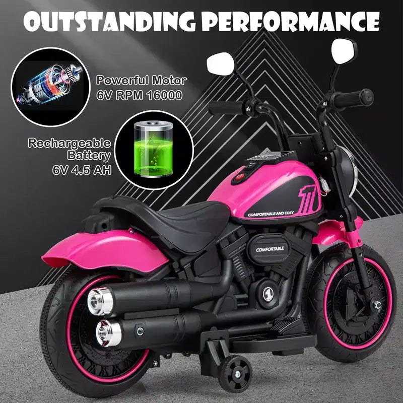Costway Moto électrique 6V pour enfants avec roulettes d'apprentissage, phares LED, console musicale Bleu/Rose/Rouge