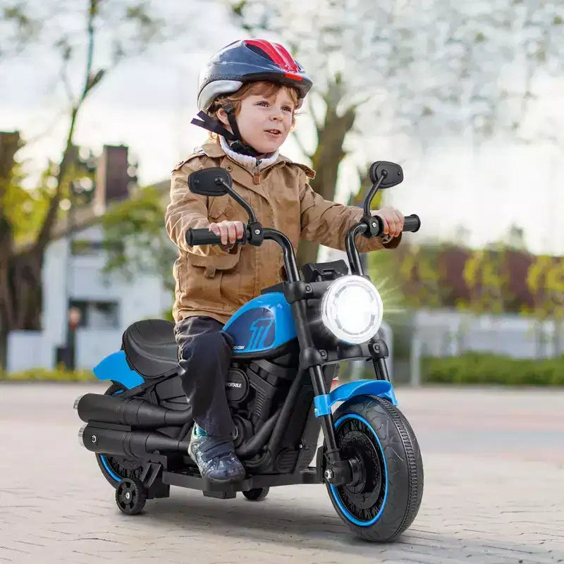 Costway Moto électrique 6V pour enfants avec roulettes d'apprentissage, phares LED, console musicale Bleu/Rose/Rouge
