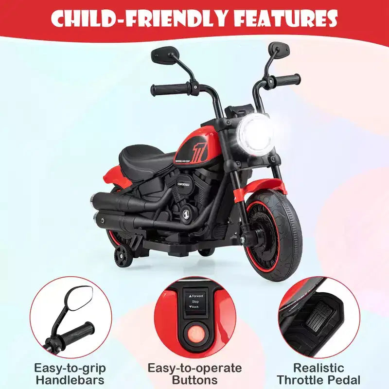 Moto électrique 6V pour enfants Costway avec roulettes, phares LED et musique Bleu/Rose/Rouge