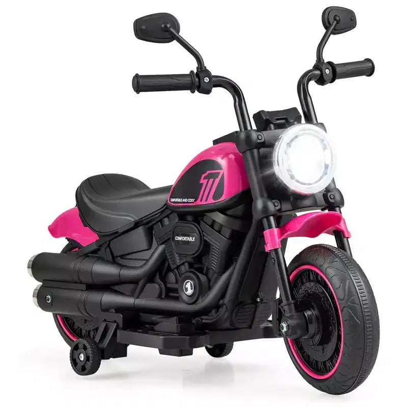 Moto électrique 6V pour enfants Costway avec roulettes, phares LED et musique Bleu/Rose/Rouge