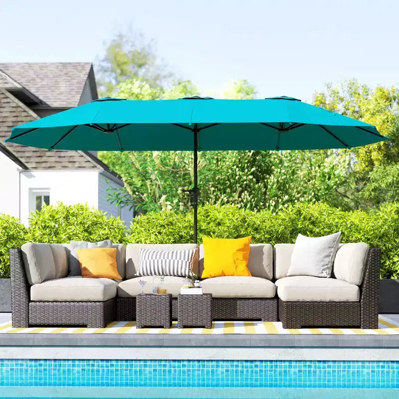 Outsunny Parasol de terrasse extra-large 13 pi, double parasol UPF30+ pour terrasse extérieure avec manivelle facile, évents, Bleu marine