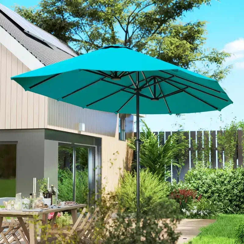 Outsunny Parasol de terrasse extra-large 13 pi, double parasol UPF30+ pour terrasse extérieure avec manivelle facile, évents, Bleu marine