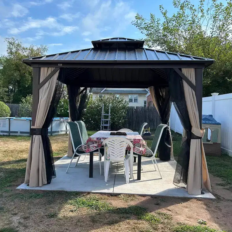 PURPLE LEAF Gazebo de jardin à toit rigide en métal galvanisé à double toit avec rideaux et moustiquaires pour terrasse, bureau, arrière-cour, bronze