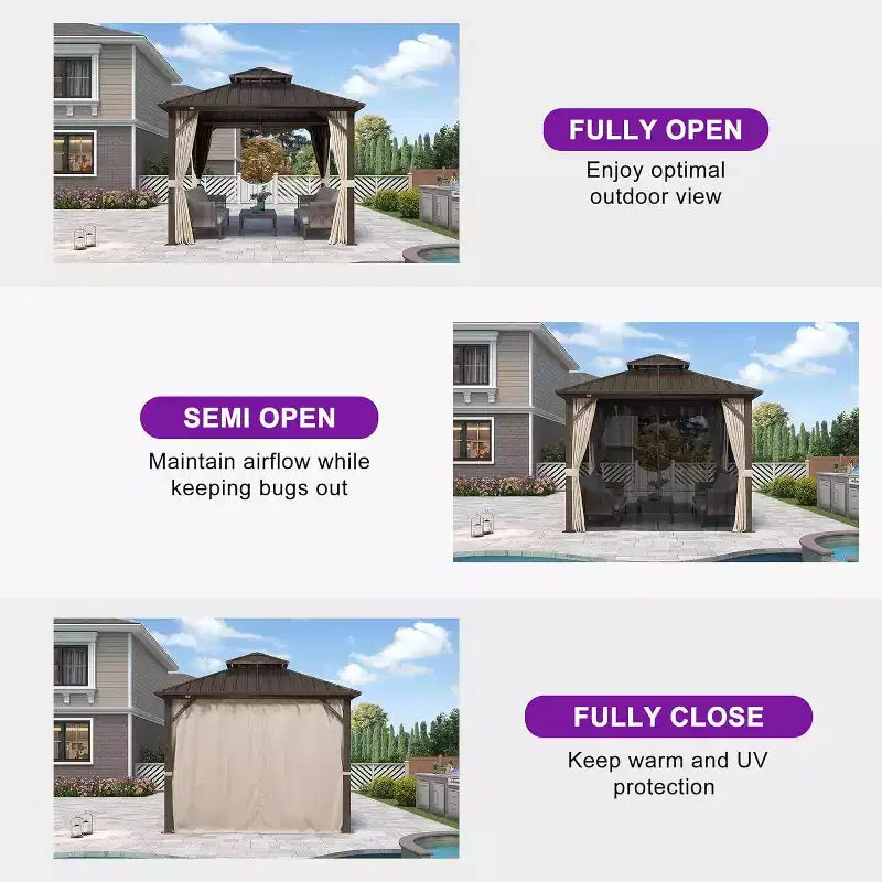 PURPLE LEAF Gazebo de jardin à toit rigide en métal galvanisé à double toit avec rideaux et moustiquaires pour terrasse, bureau, arrière-cour, bronze