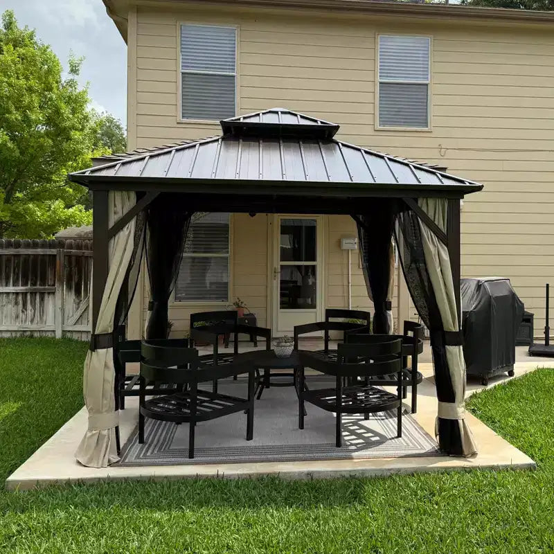 PURPLE LEAF Gazebo de jardin à toit rigide en métal galvanisé à double toit avec rideaux et moustiquaires pour terrasse, bureau, arrière-cour, bronze