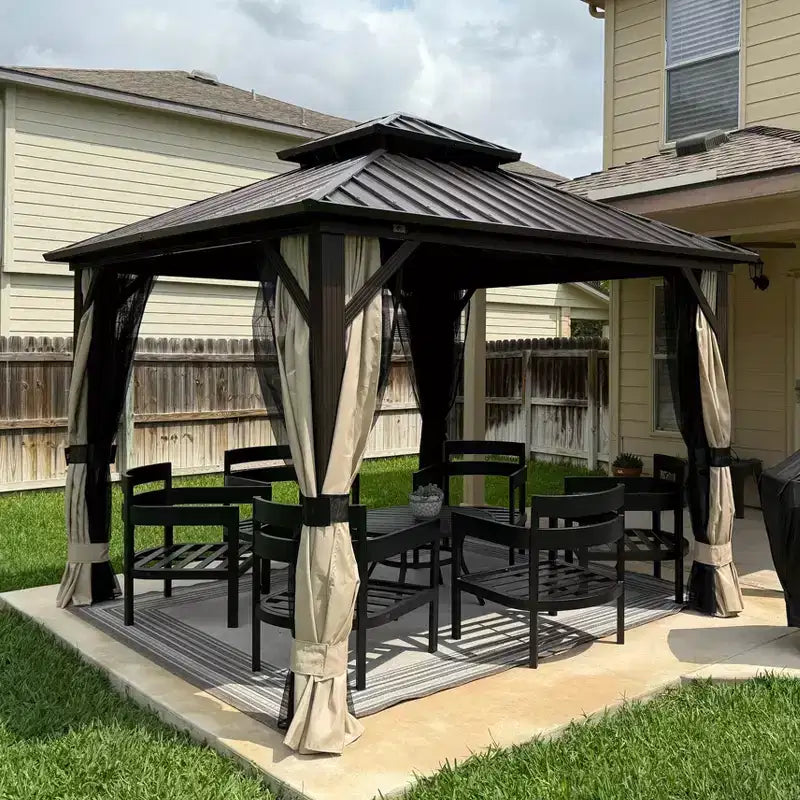 PURPLE LEAF Gazebo de jardin à toit rigide en métal galvanisé à double toit avec rideaux et moustiquaires pour terrasse, bureau, arrière-cour, bronze