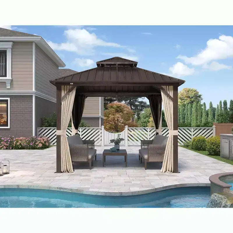 PURPLE LEAF Gazebo de jardin à toit rigide en métal galvanisé à double toit avec rideaux et moustiquaires pour terrasse, bureau, arrière-cour, bronze