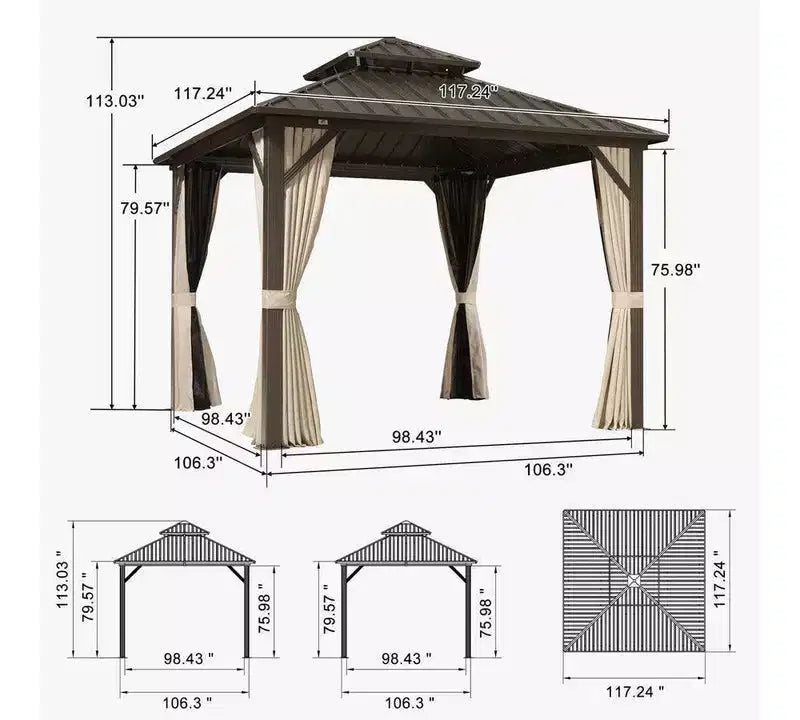 PURPLE LEAF Gazebo de jardin à toit rigide en métal galvanisé à double toit avec rideaux et moustiquaires pour terrasse, bureau, arrière-cour, bronze