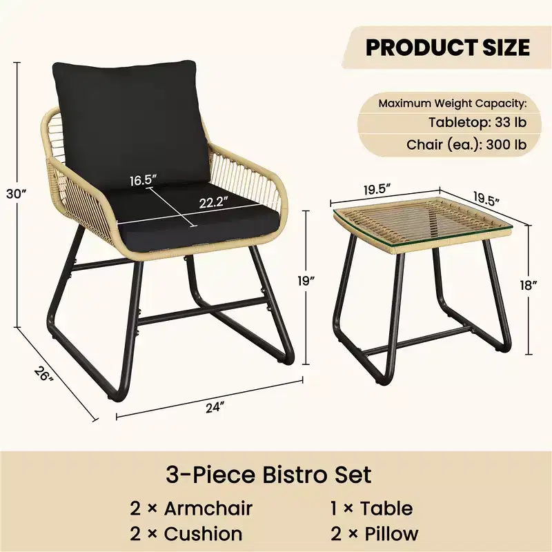 Yaheetech Ensemble bistro de terrasse, lot de 3, avec coussins et oreillers pour balcon, porche, arrière-cour