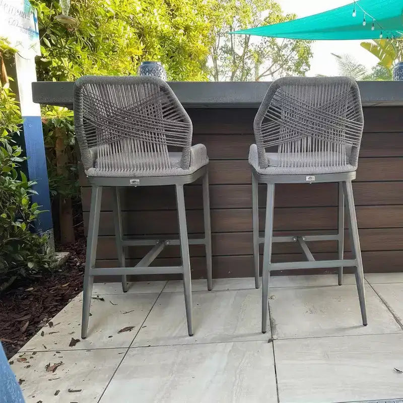 PURPLE LEAF Tabourets de bar lot de 2, chaises de bar métalliques à dossier, tabourets de bar modernes hauts confortables en aluminium tressé bohème, jardin, piscine, patio, extérieur