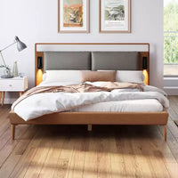 Cadre de lit plateforme en bois double/grand/très grand avec tête de lit capitonnée en PU et 2 veilleuses, marron+gris -Christopher Knight Home