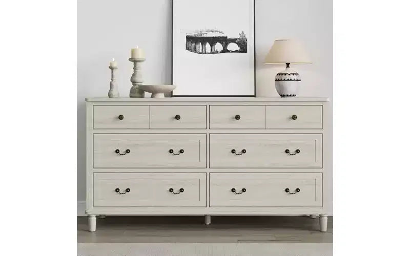 Commode Heynemo Grande à 6 Tiroirs pour Chambre à Coucher, Commode Moderne de 147 cm de Large, Meuble TV avec Poignées Métalliques, Organisateur de Tiroirs en Bois, Gris Clair