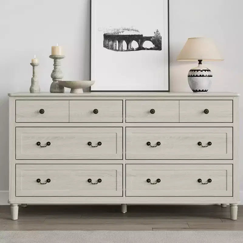 Grande commode Heynemo 6 tiroirs pour chambre, large commode moderne 58 po, meuble TV avec poignée métallique, organisateur de tiroirs en bois, gris clair