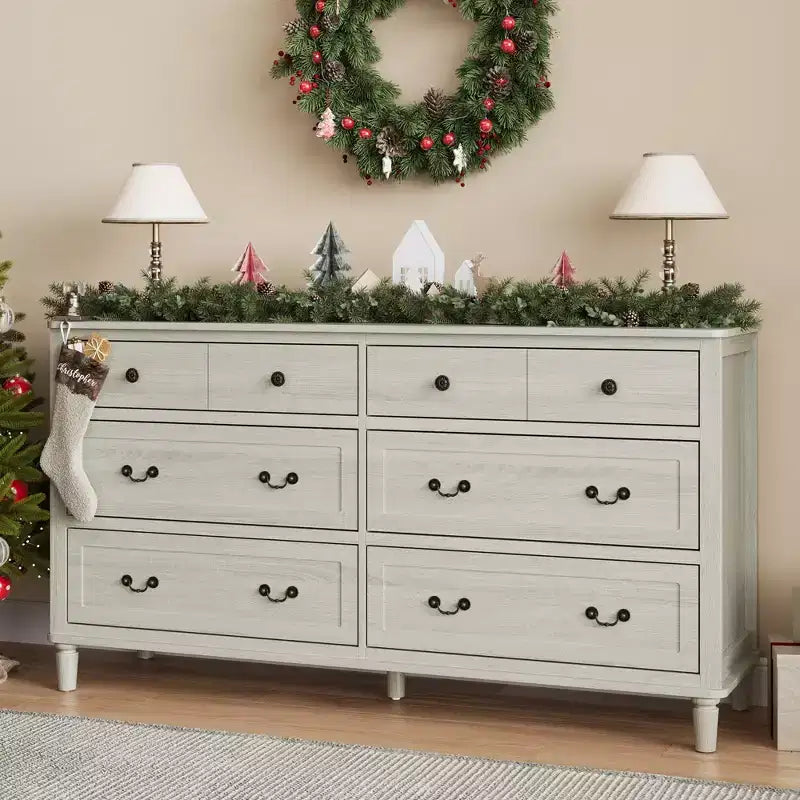 Grande commode Heynemo 6 tiroirs pour chambre, large commode moderne 58 po, meuble TV avec poignée métallique, organisateur de tiroirs en bois, gris clair