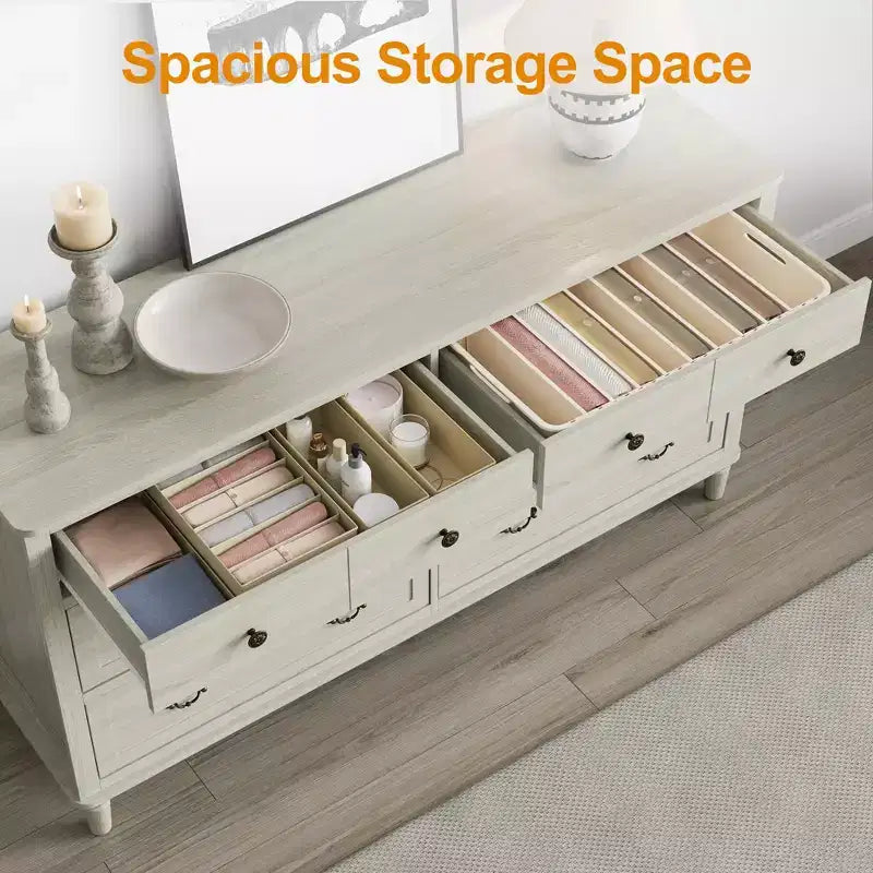Grande commode Heynemo 6 tiroirs pour chambre, large commode moderne 58 po, meuble TV avec poignée métallique, organisateur de tiroirs en bois, gris clair