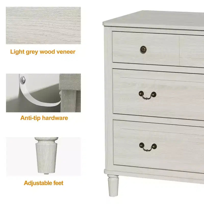 Grande commode Heynemo 6 tiroirs pour chambre, large commode moderne 58 po, meuble TV avec poignée métallique, organisateur de tiroirs en bois, gris clair