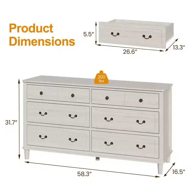 Grande commode Heynemo 6 tiroirs pour chambre, large commode moderne 58 po, meuble TV avec poignée métallique, organisateur de tiroirs en bois, gris clair