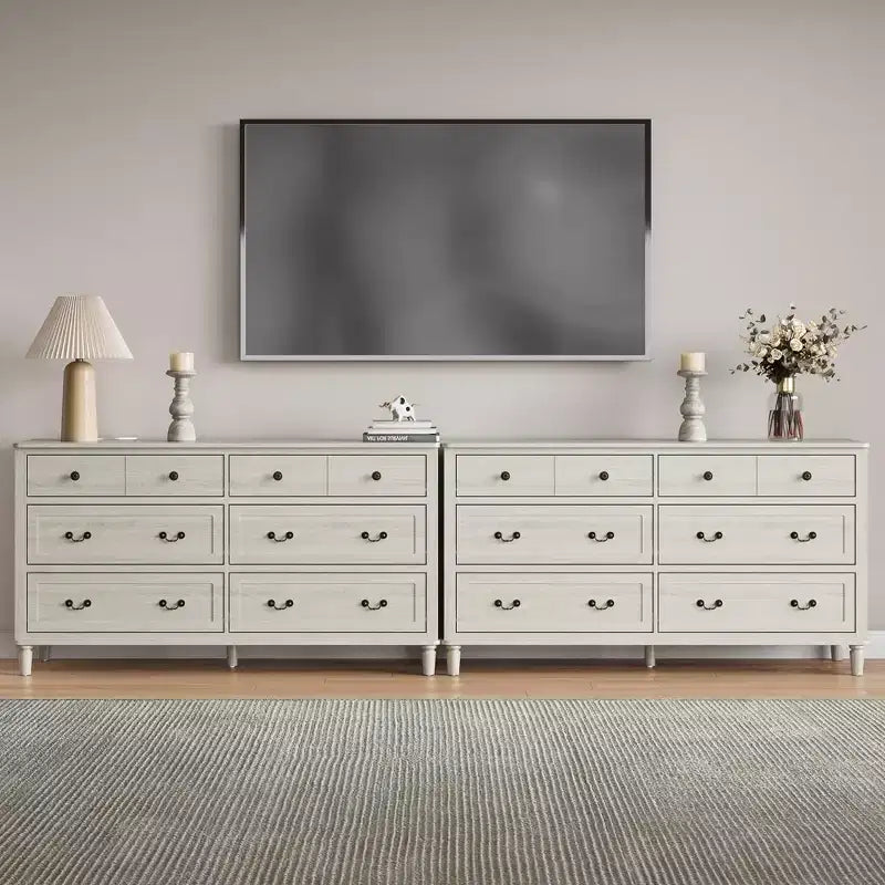 Grande commode Heynemo 6 tiroirs pour chambre, large commode moderne 58 po, meuble TV avec poignée métallique, organisateur de tiroirs en bois, gris clair