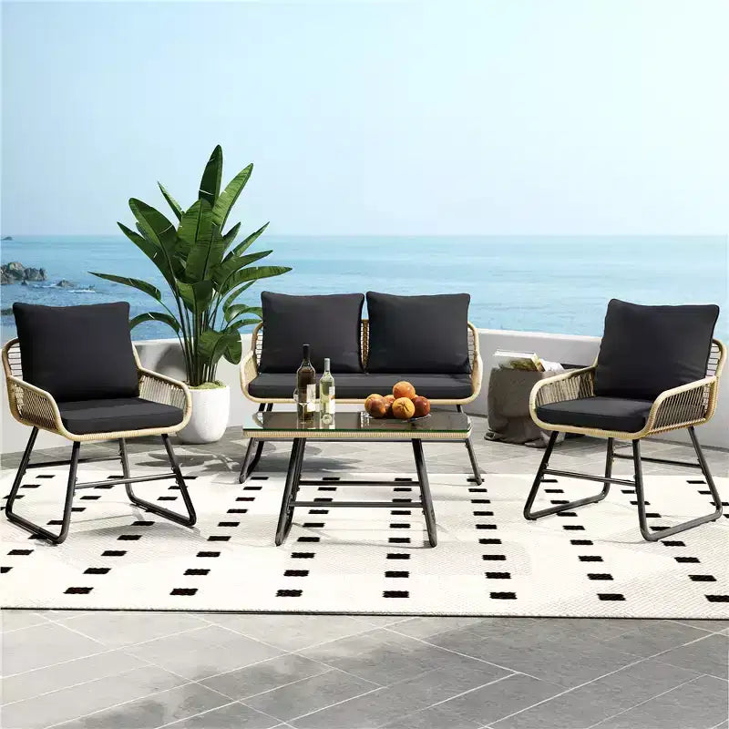 Yaheetech Ensemble de conversation de mobilier de patio 4 pièces avec coussins et oreillers pour balcon, jardin