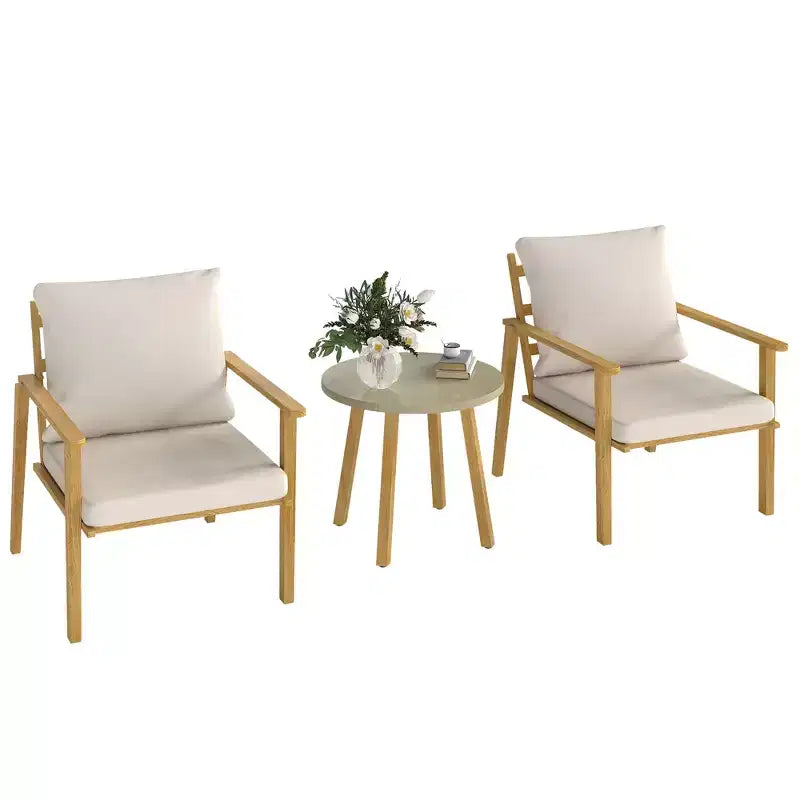 Ensemble de patio 3 pièces Outsunny, ensemble bistro en métal effet bois, table ronde et chaises larges et profondes avec coussins, petit mobilier de patio, blanc crème