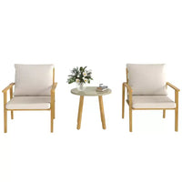 Ensemble de patio 3 pièces Outsunny, ensemble bistro en métal effet bois, table ronde et chaises larges et profondes avec coussins, petit mobilier de patio, blanc crème