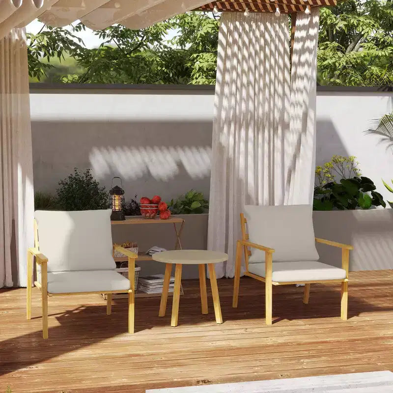 Ensemble de patio 3 pièces Outsunny, ensemble bistro en métal effet bois, table ronde et chaises larges et profondes avec coussins, petit mobilier de patio, blanc crème