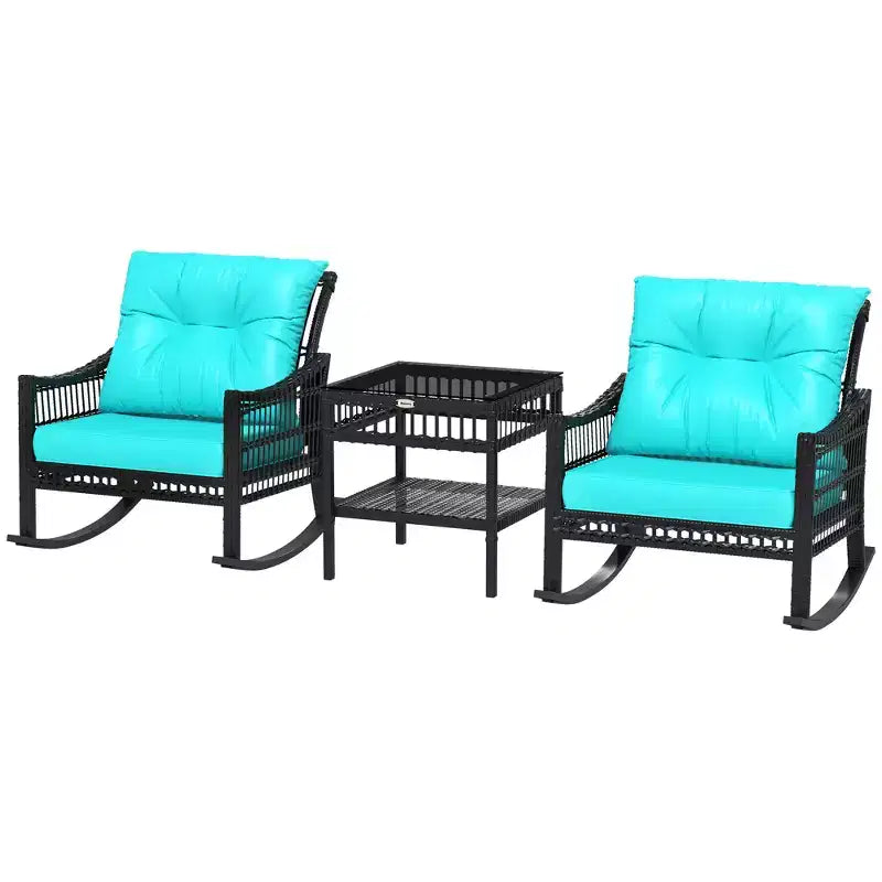 Ensemble de chaises à bascule d'extérieur en osier Outsunny, ensemble de mobilier de patio 3 pièces avec coussins rembourrés et table de rangement, ensemble de bistrot en rotin 2 places