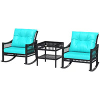 Ensemble de chaises à bascule d'extérieur en osier Outsunny, ensemble de mobilier de patio 3 pièces avec coussins rembourrés et table de rangement, ensemble de bistrot en rotin 2 places