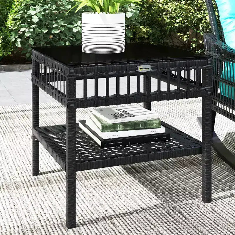 Ensemble de chaises à bascule d'extérieur en osier Outsunny, ensemble de mobilier de patio 3 pièces avec coussins rembourrés et table de rangement, ensemble de bistrot en rotin 2 places