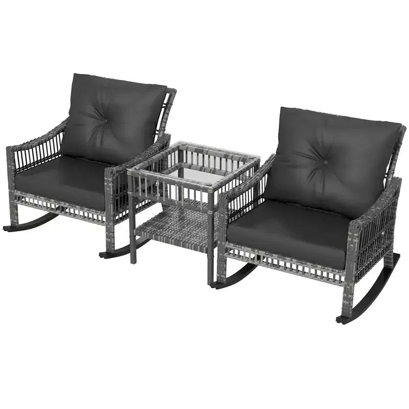 Ensemble de chaises à bascule d'extérieur en osier Outsunny, ensemble de mobilier de patio 3 pièces avec coussins rembourrés et table de rangement, ensemble de bistrot en rotin 2 places