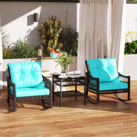 Ensemble de chaises à bascule d'extérieur en osier Outsunny, ensemble de mobilier de patio 3 pièces avec coussins rembourrés et table de rangement, ensemble de bistrot en rotin 2 places