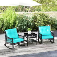 Ensemble de chaises à bascule d'extérieur en osier Outsunny, ensemble de mobilier de patio 3 pièces avec coussins rembourrés et table de rangement, ensemble de bistrot en rotin 2 places