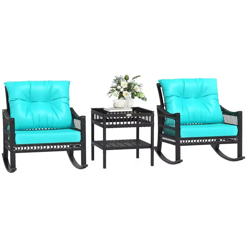 Ensemble de chaises à bascule d'extérieur en osier Outsunny, ensemble de mobilier de patio 3 pièces avec coussins rembourrés et table de rangement, ensemble de bistrot en rotin 2 places