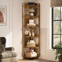 Bibliothèque d'angle Lantine 6 niveaux, haute bibliothèque rustique 71 pouces pour salon, chambre, bureau