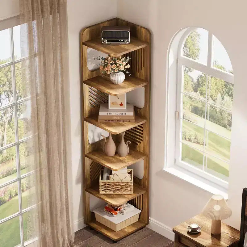 Bibliothèque d'angle Lantine 6 niveaux, haute bibliothèque rustique 71 pouces pour salon, chambre, bureau
