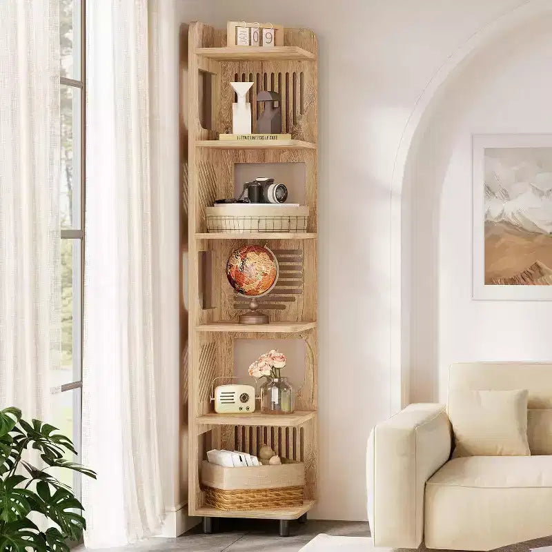 Bibliothèque d'angle Lantine 6 niveaux, haute bibliothèque rustique 71 pouces pour salon, chambre, bureau