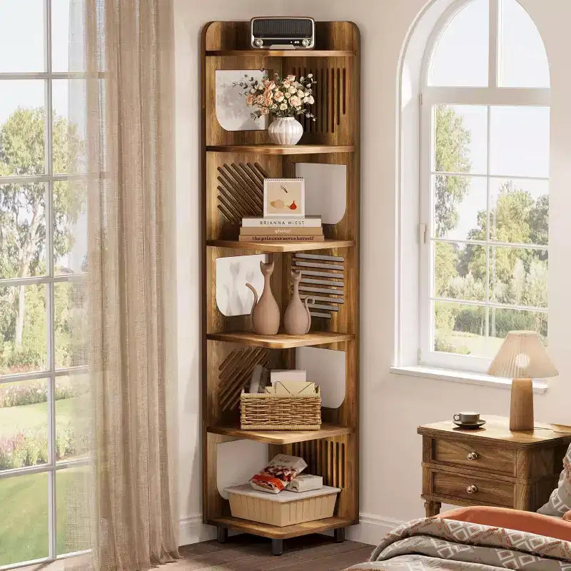 Bibliothèque d'angle Lantine 6 niveaux, haute bibliothèque rustique 71 pouces pour salon, chambre, bureau