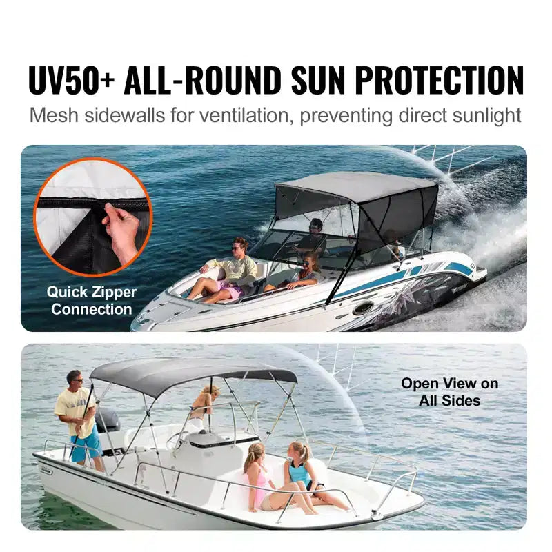 VEVOR Bimini 4 Arceaux, Housse de Bateau, Parois Latérales en Maille Amovibles, Auvent en Polyester 600D avec 1 Cadre en Alliage d'Aluminium