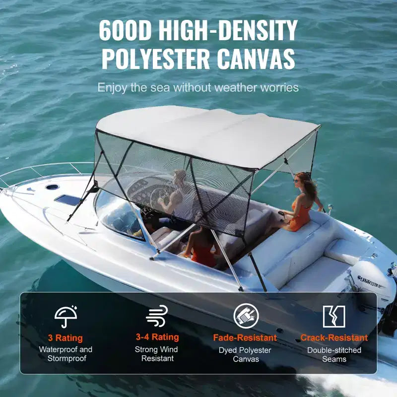 VEVOR Bimini 4 Arceaux, Housse de Bateau, Parois Latérales en Maille Amovibles, Auvent en Polyester 600D avec 1 Cadre en Alliage d'Aluminium
